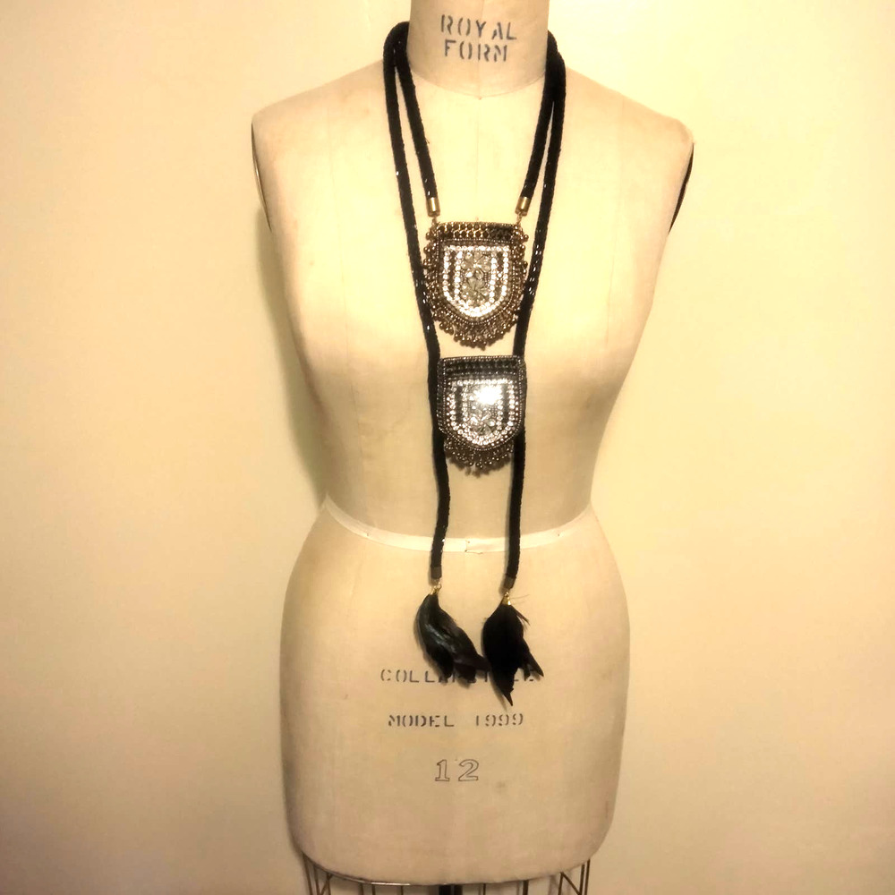 Iris Apfel & Bajalia Black-Clear Rhinestone Feathered Beaded 2 Layer Necklace